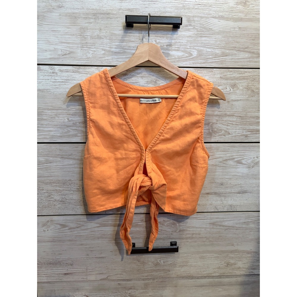 Abercrombie & Fitch Orange Linen Blend Tie Front Crop Top Vest Womens Small - Picture 2 of 7